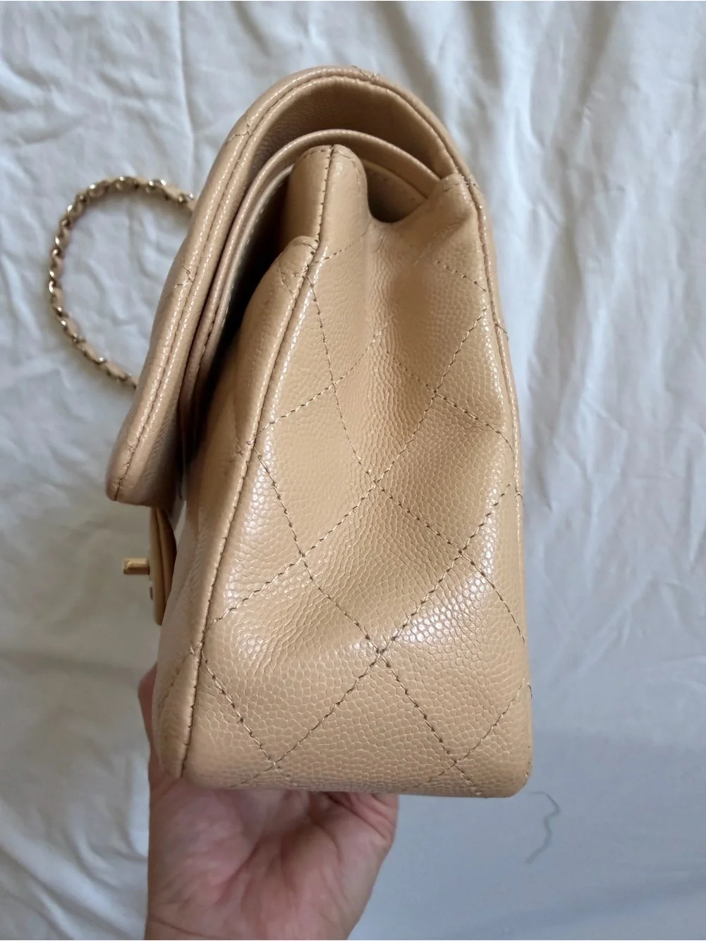 CHANEL Beige Quilted Medium Double Flap Bag with Gold Hardware